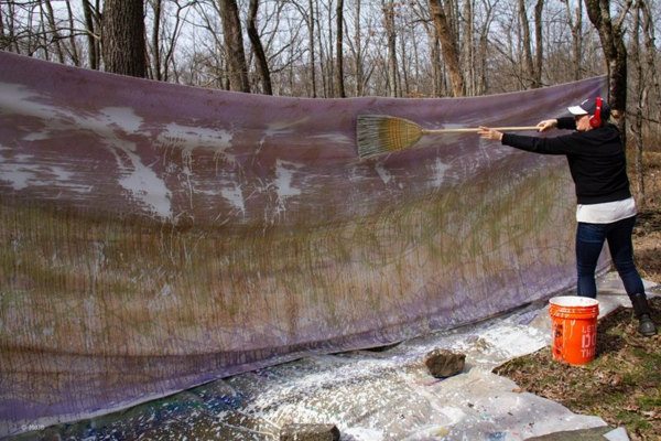 Mariejon de Jong–Buijs, Hopewell Woods, 2020-2021, 5 parties, acrylique et divers matériaux naturels sur coton non blanchi